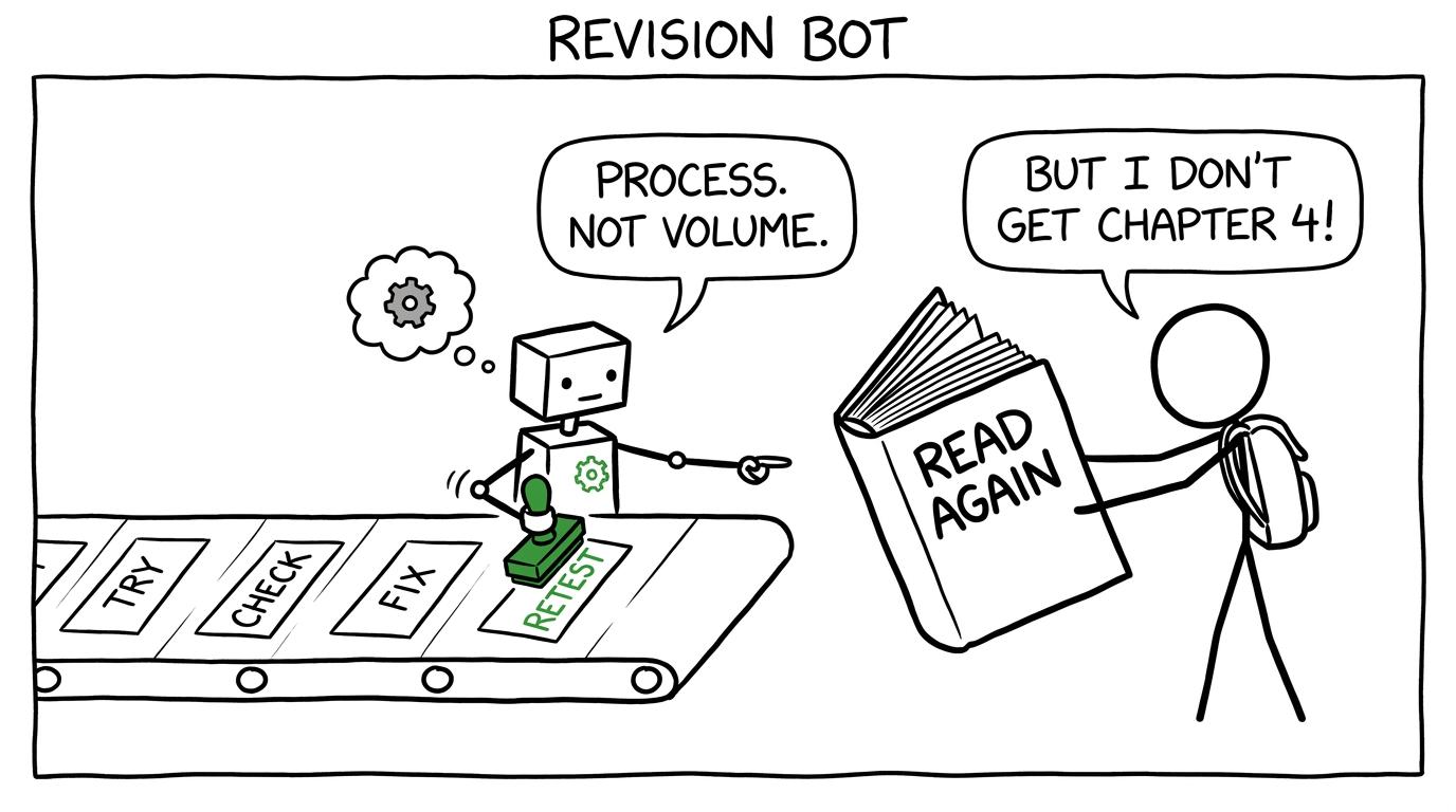 A revision robot favours the cycle try, check, fix and retest over simply reading the same book again