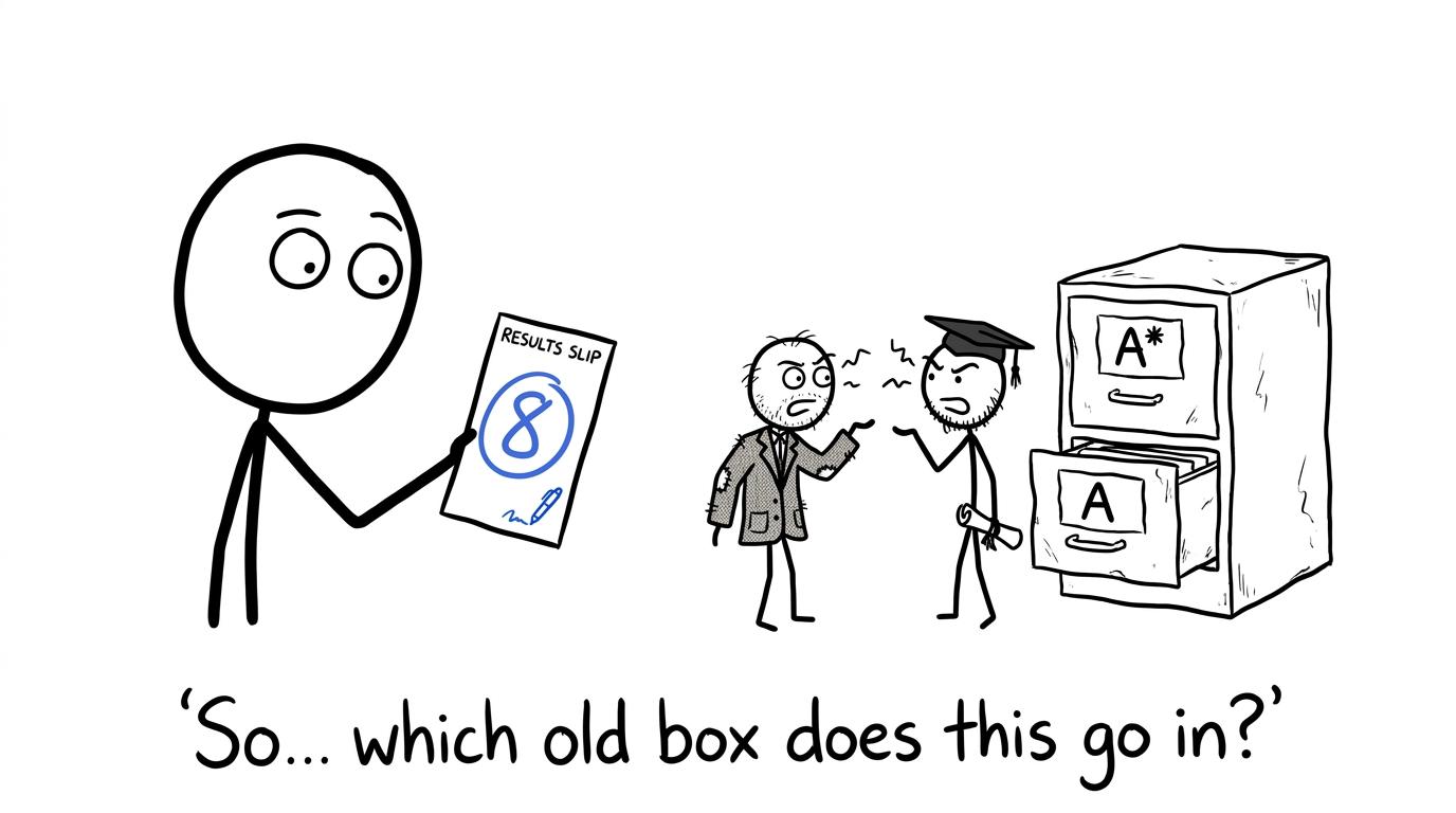 A student tries to fit a grade 8 into the old letter-grade filing cabinet