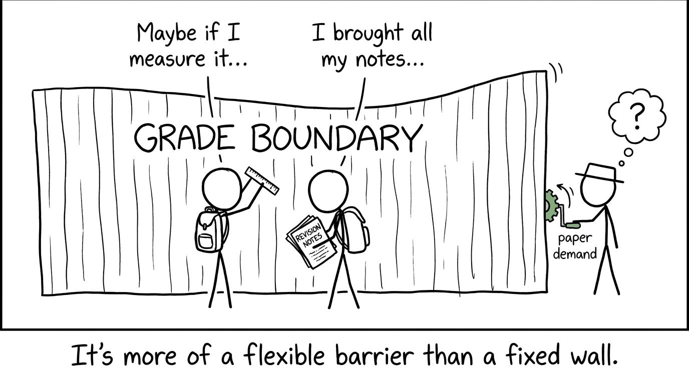Students encounter a grade boundary that can move with the demand of the paper