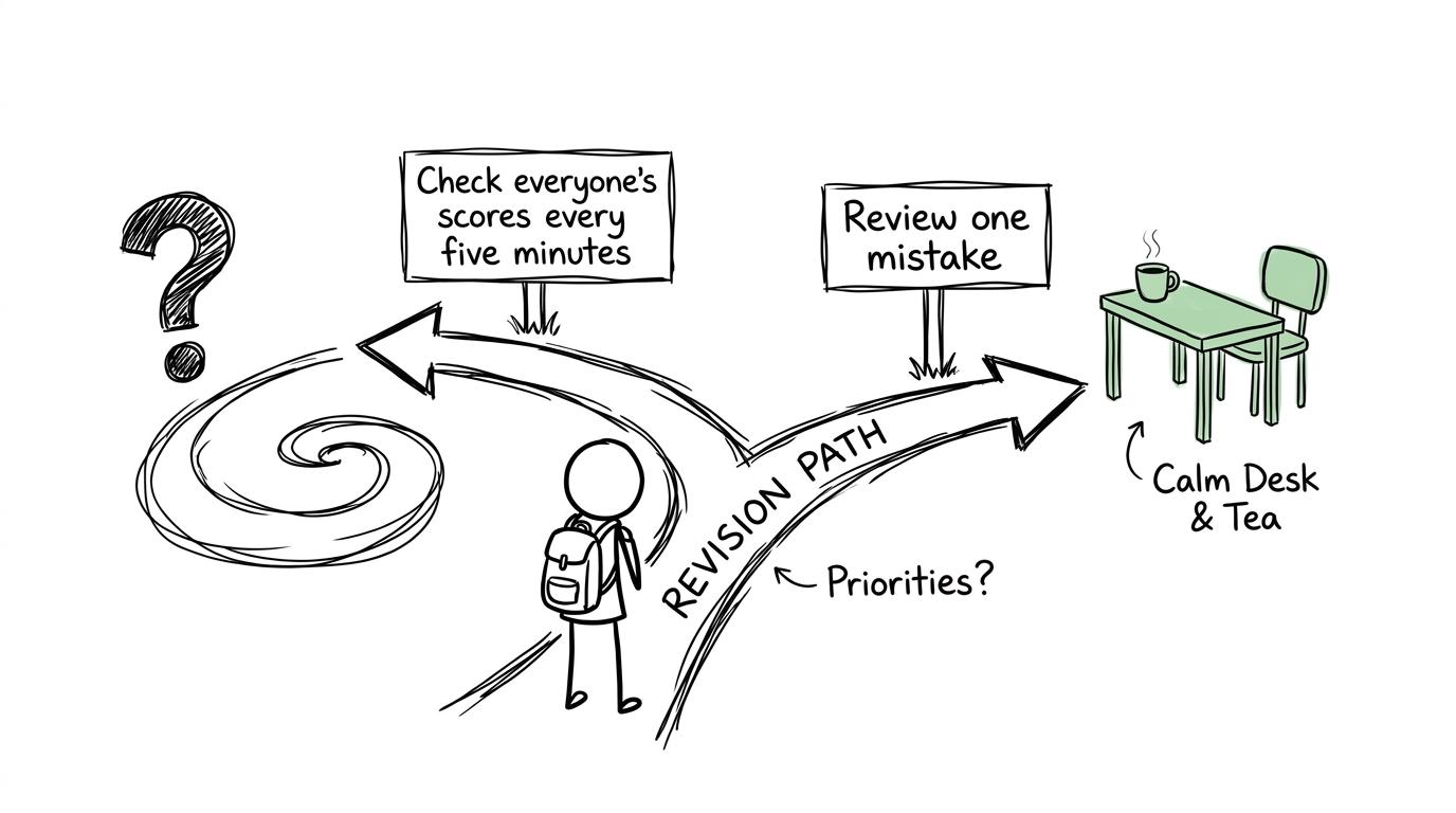 A revision path towards checking everyone's scores loops back, while reviewing one mistake leads to a calm desk