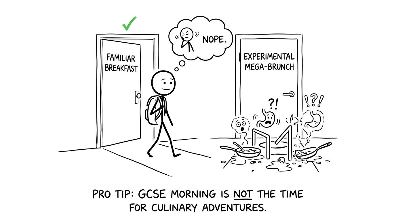 A student chooses the calm familiar-breakfast door instead of the experimental mega-brunch obstacle course