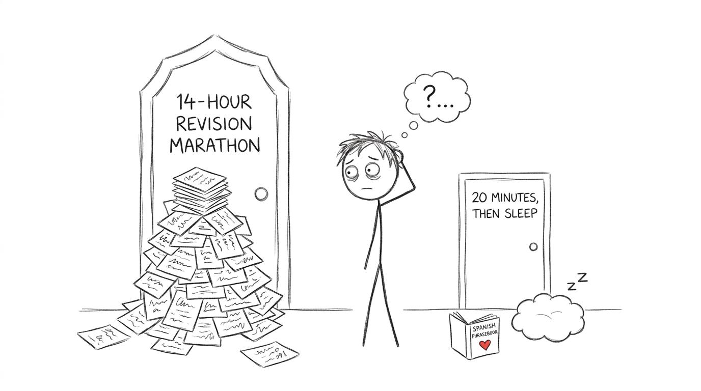 A student choosing between a revision marathon and a short session followed by sleep