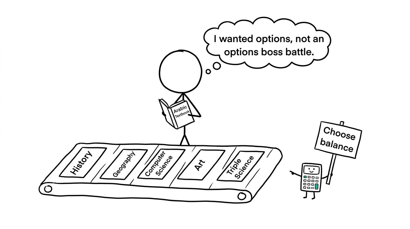 A student faces an options boss battle while a calculator recommends balance