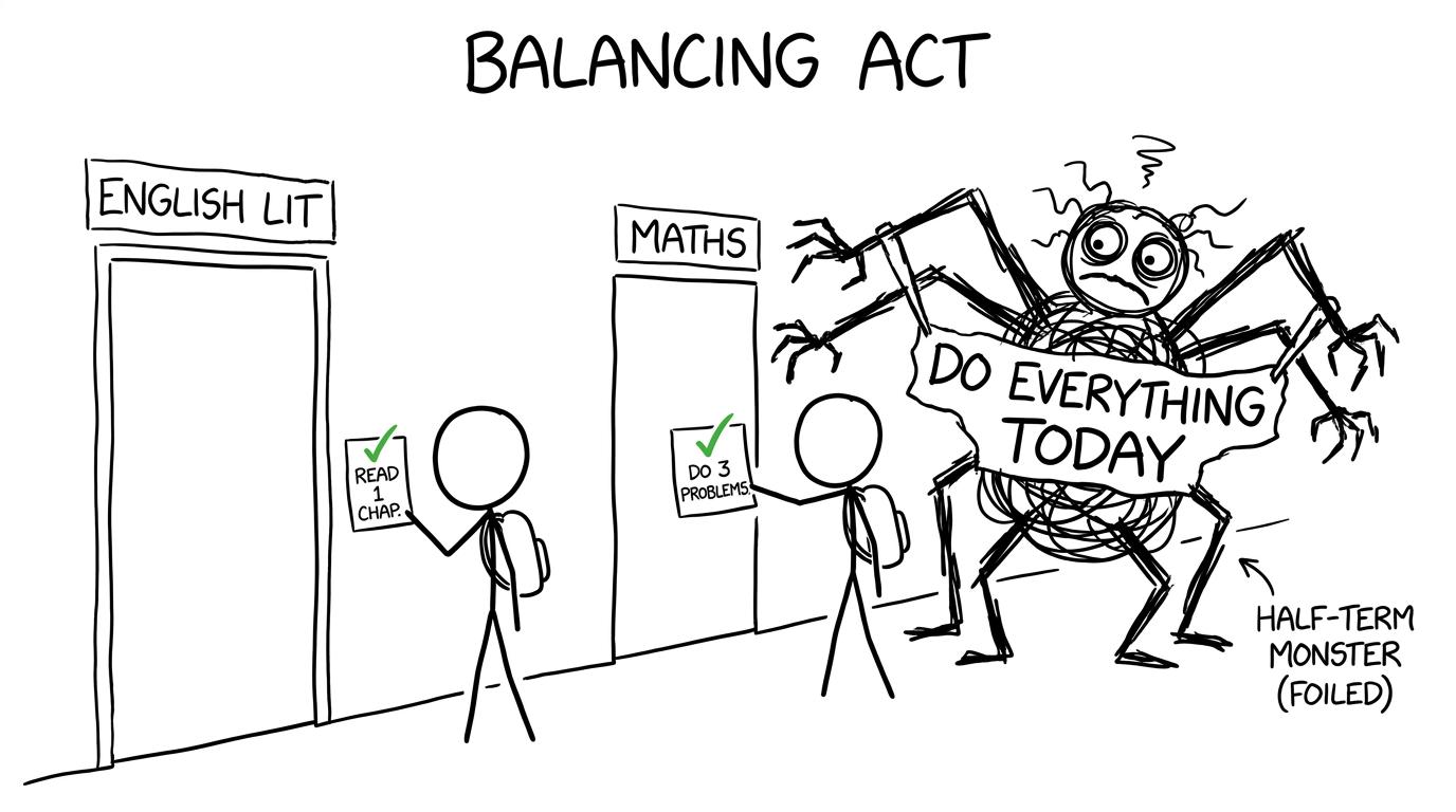 A student balances one English task and one maths task while an impossible timetable sulks