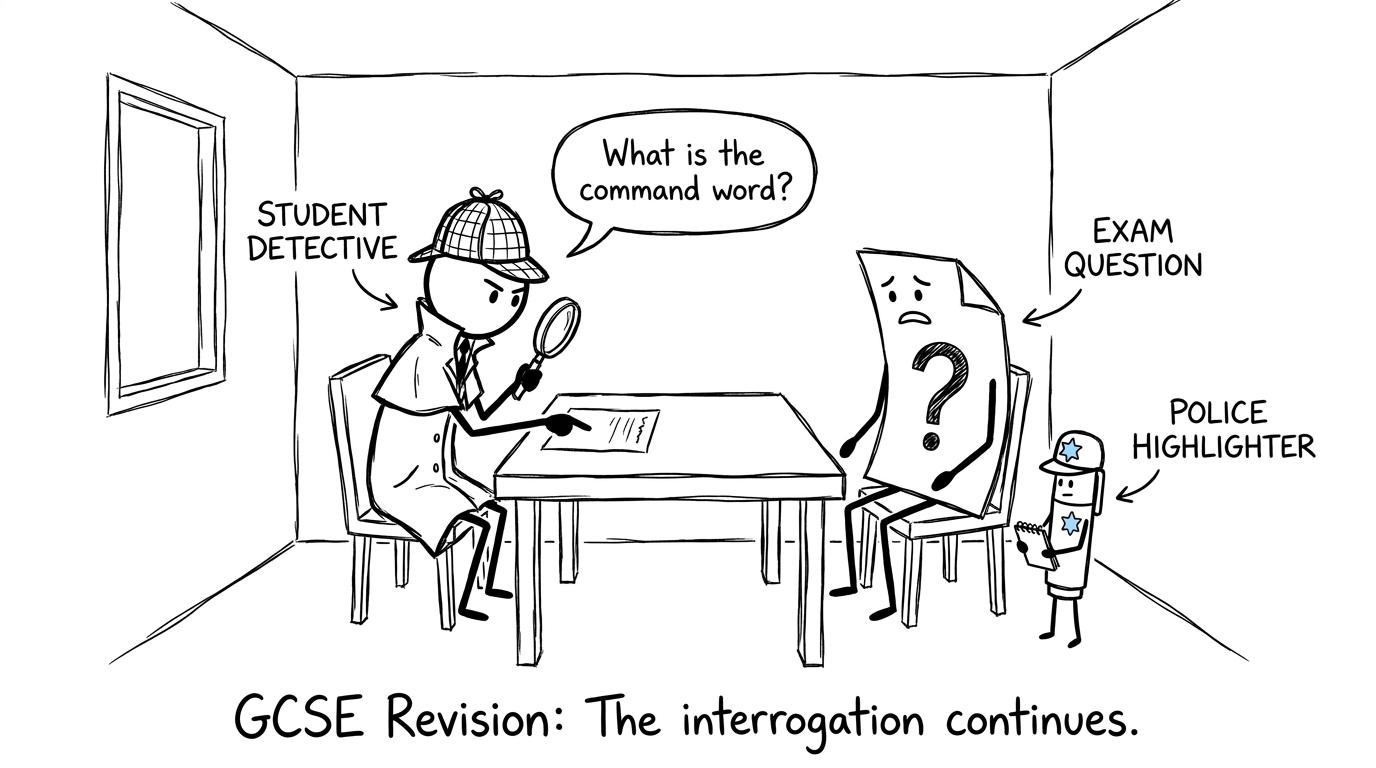 A student detective questions an exam paper about its command word