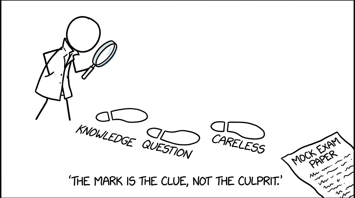 A stick-figure detective investigates the real cause of a mock mistake