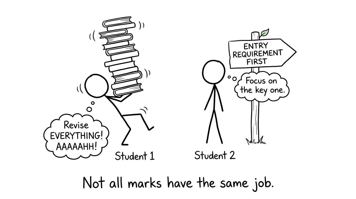 Two students choosing between chaotic revision and clear entry priorities