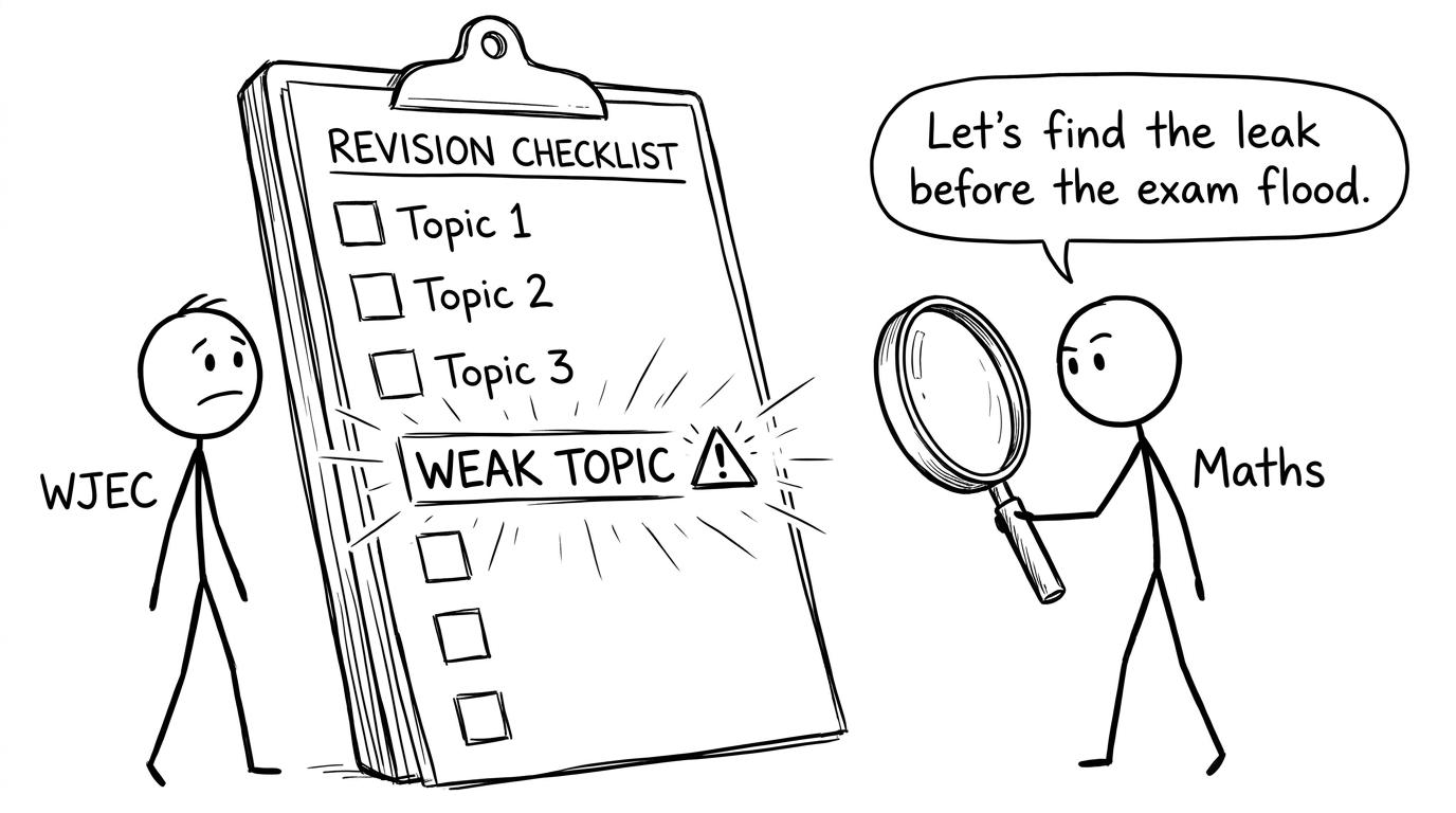 Stick figures finding a weak topic with a magnifying glass