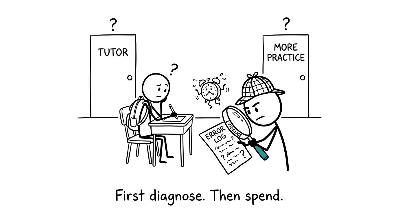 A student deciding between tuition and more practice while an evidence detective checks an error log