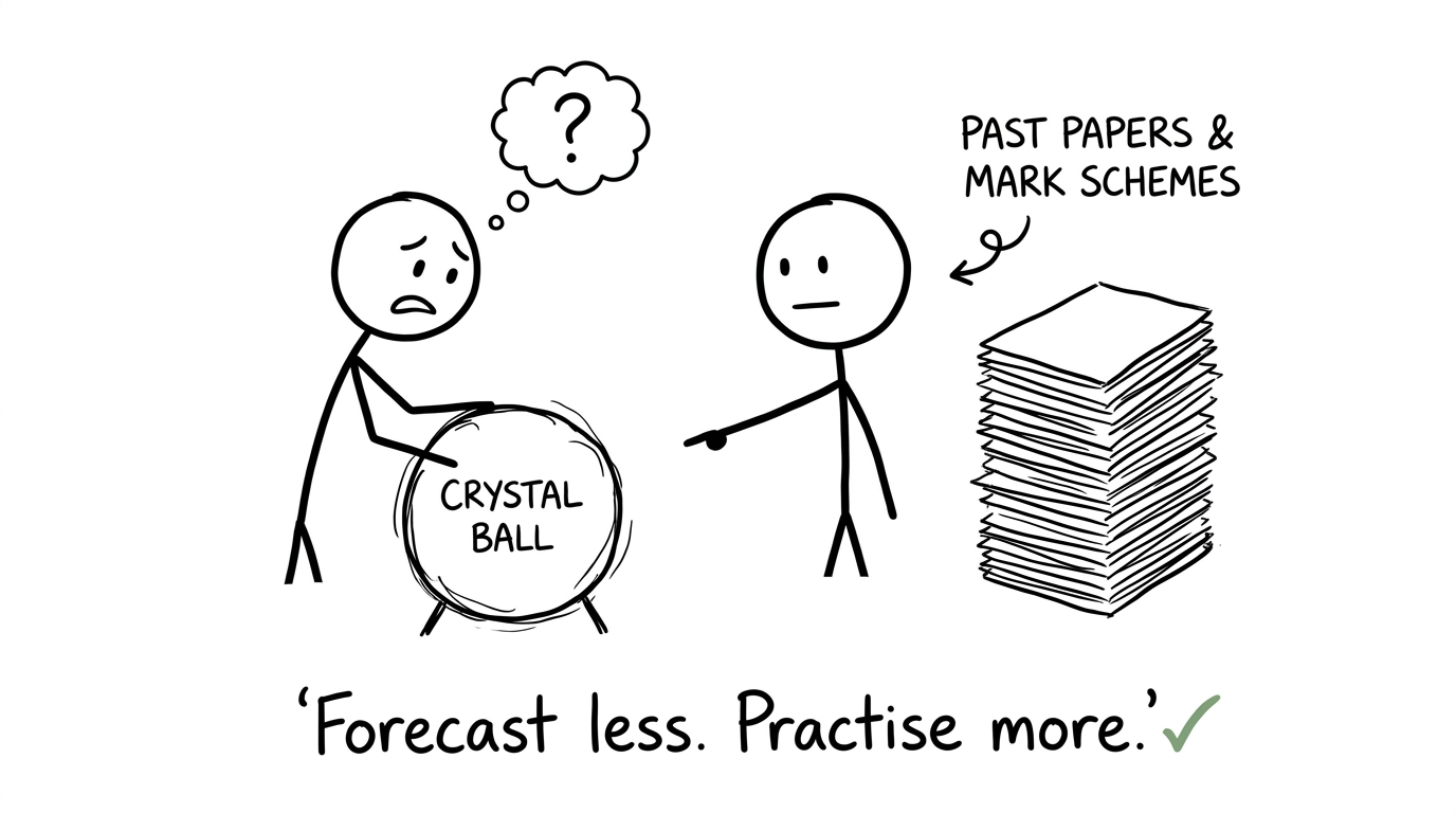 A student abandons a grade-boundary crystal ball for past papers and mark schemes