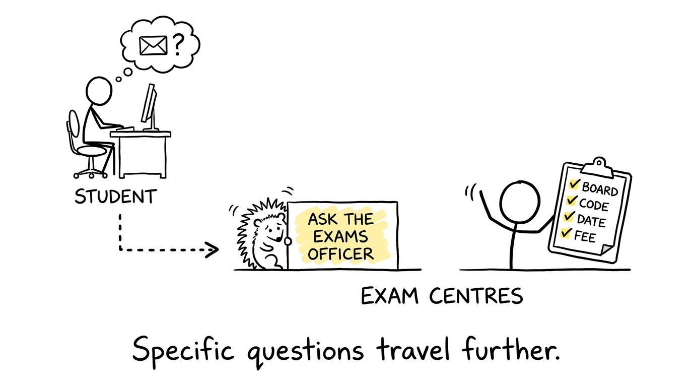 A student sending precise questions to several exam centres