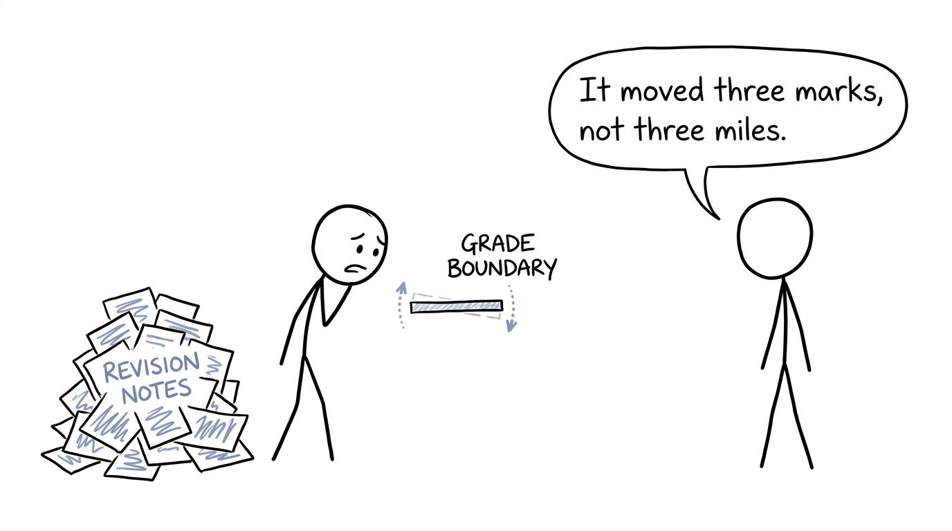 A student watches a grade boundary move slightly while the revision pile stays still