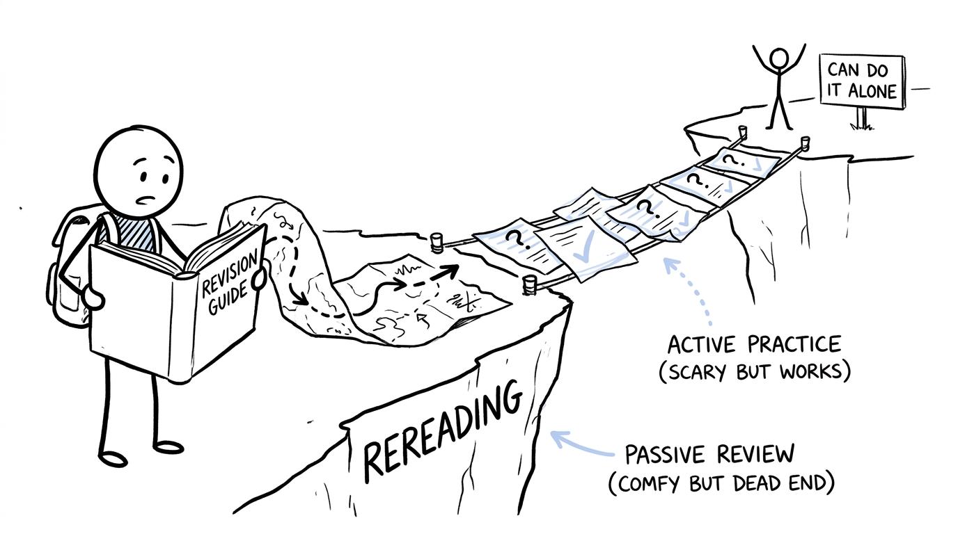 A map made from rereading ends at a cliff while practice questions form a bridge