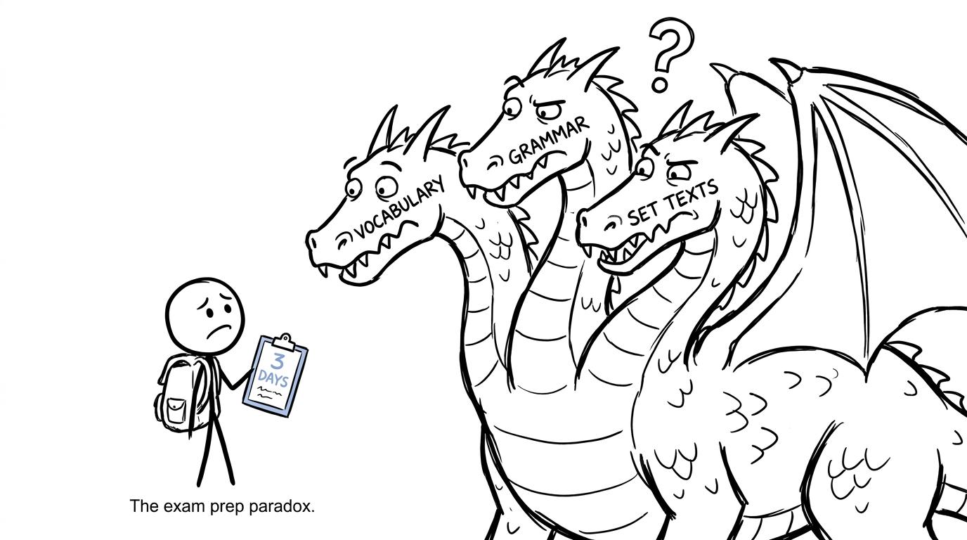 A calm student facing the three revision dragons of vocabulary, grammar and set texts