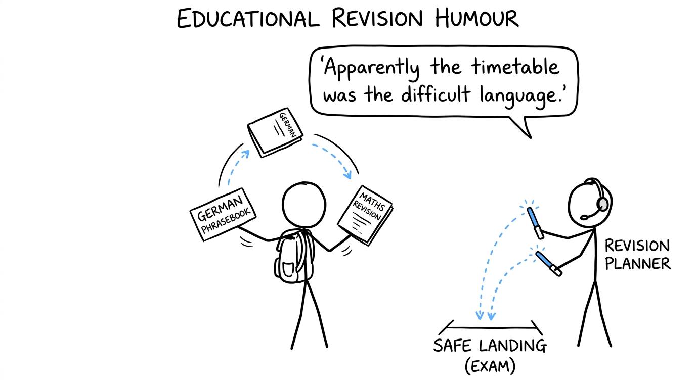 A revision planner guides German and maths books towards a safe landing