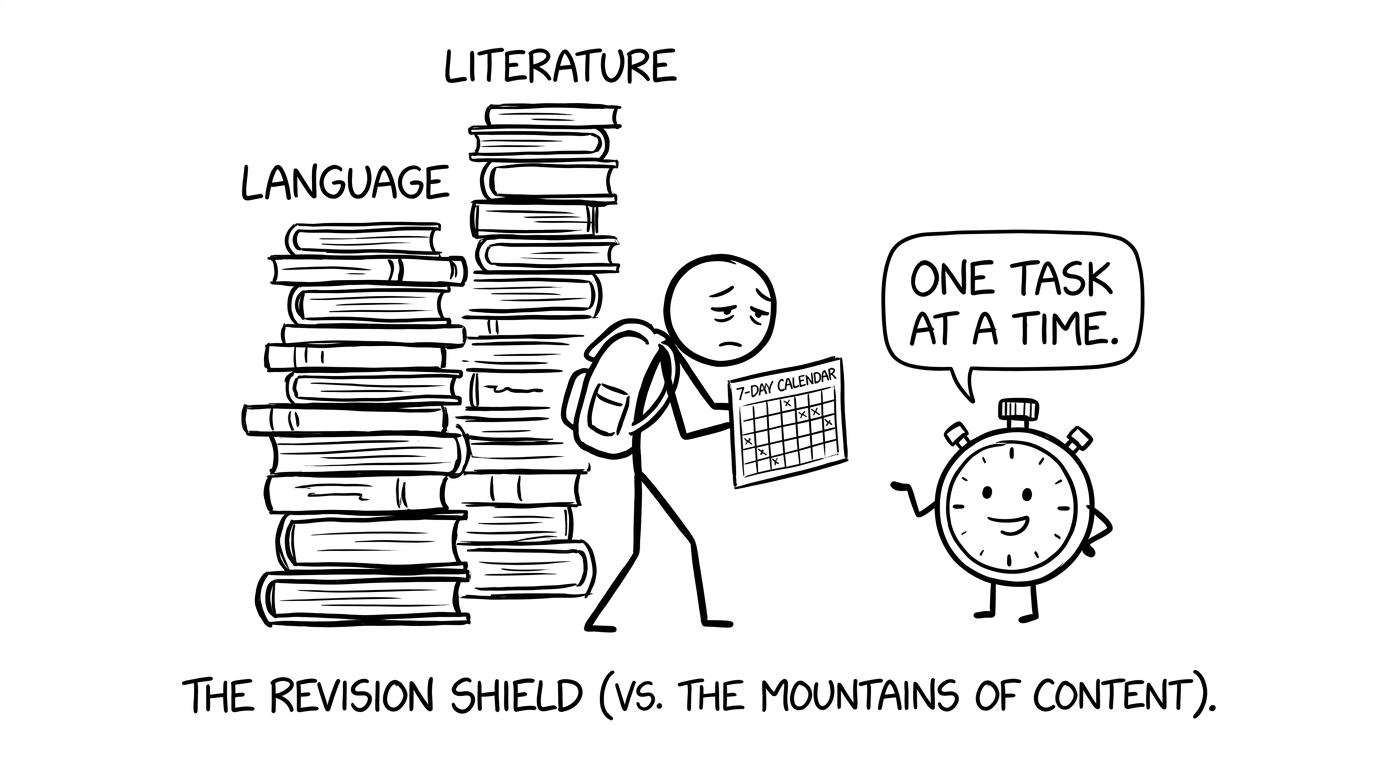 A student facing two giant English revision piles with a seven-day calendar
