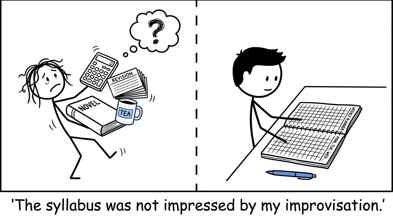 A student tries improvisation while a calmer student uses a weekly revision plan