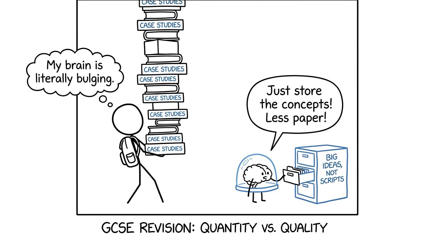 A student carrying too many case studies while a brain suggests filing the big ideas