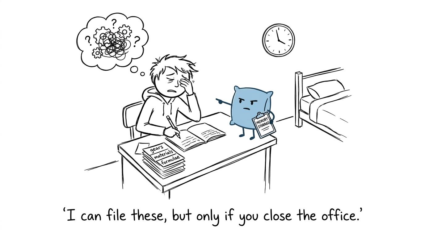 A pillow asks a GCSE student to close the memory office