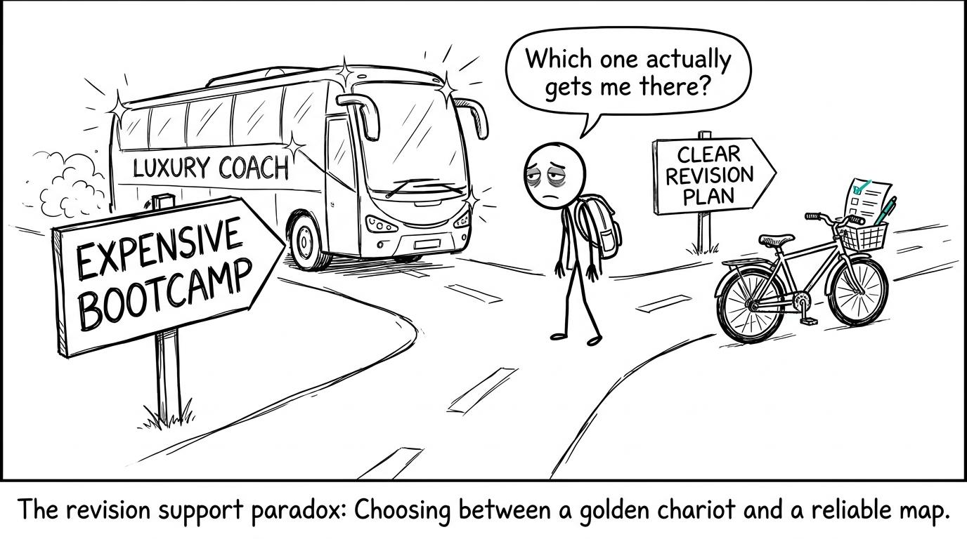 A student choosing between an expensive bootcamp and a clear revision plan