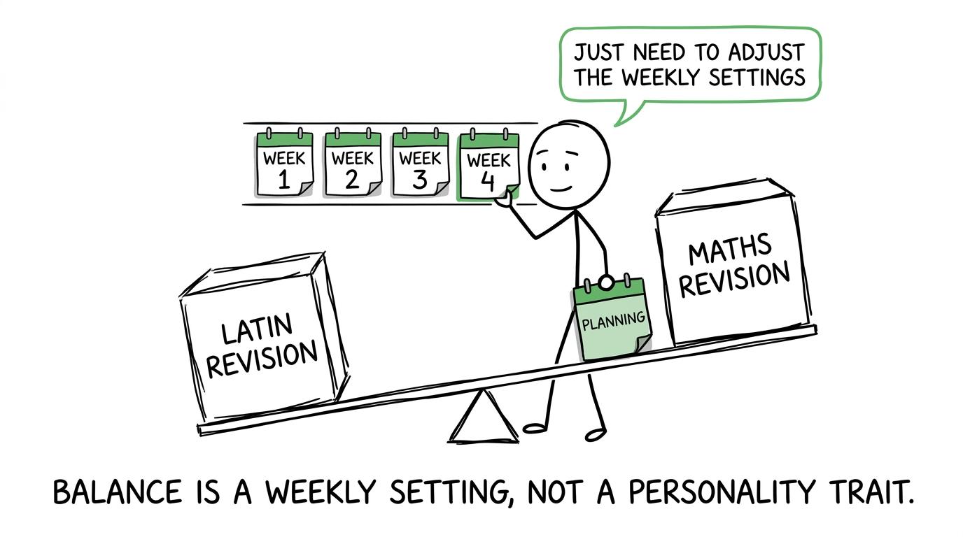 Latin and maths balancing on a flexible weekly revision seesaw