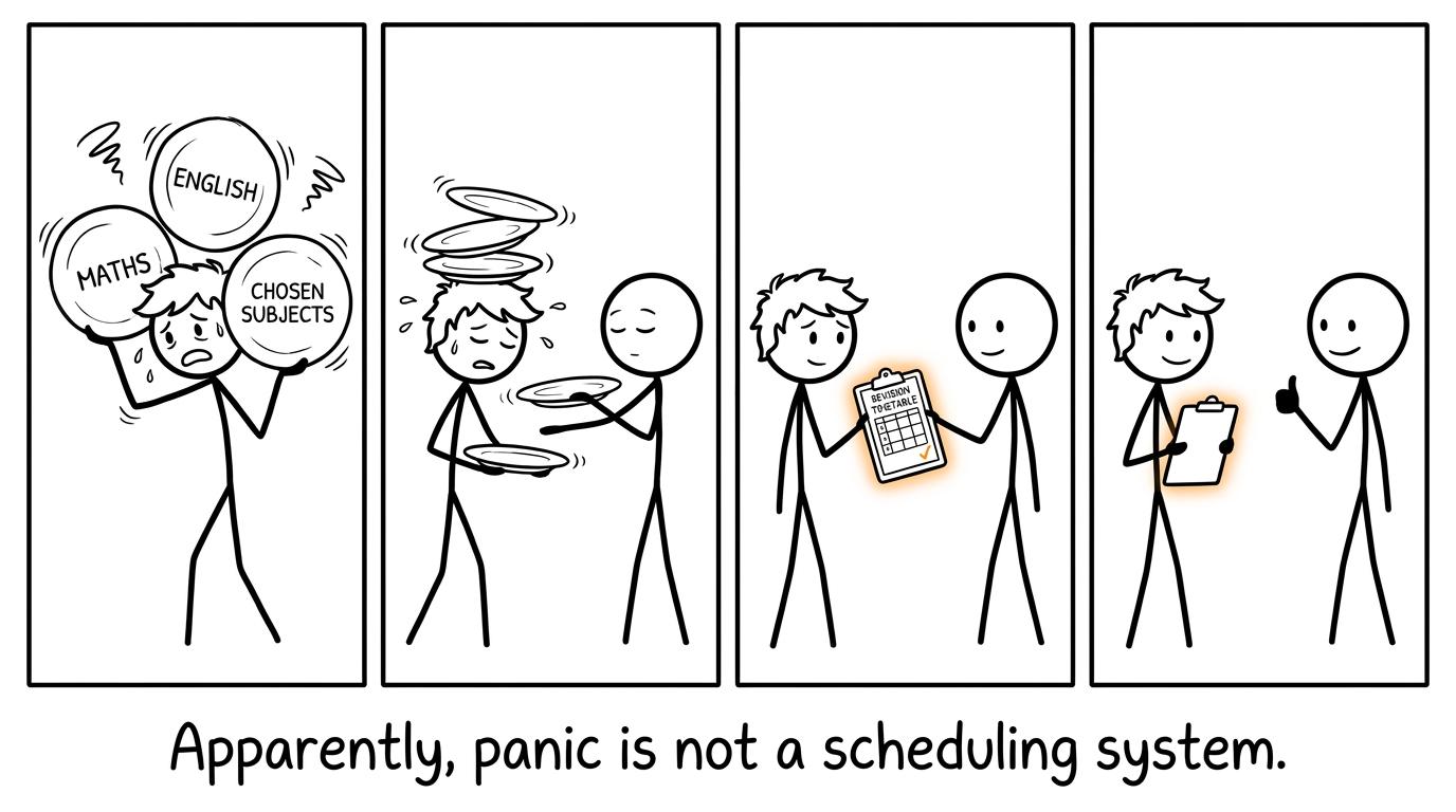 A student learns that balancing English, Maths and chosen subjects is easier with a revision timetable than with panic