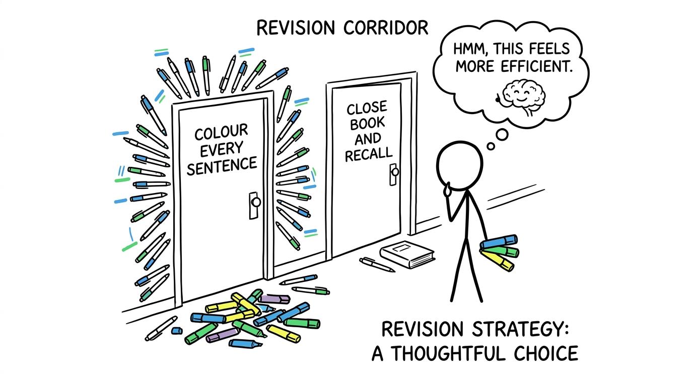 A student chooses closed-book recall while carrying only a few useful highlighters