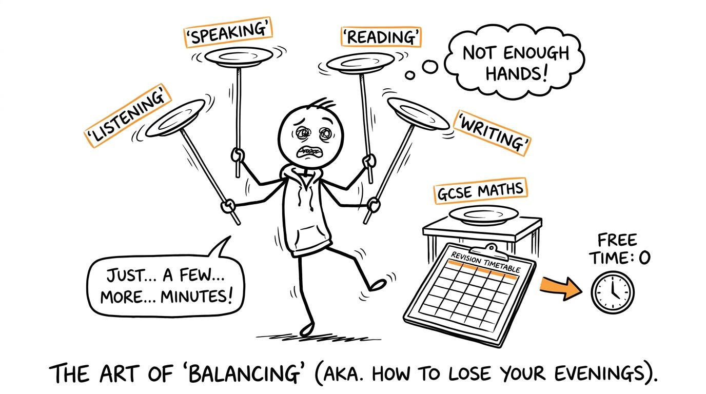 A student balances four Arabic skill plates while GCSE maths waits on the timetable