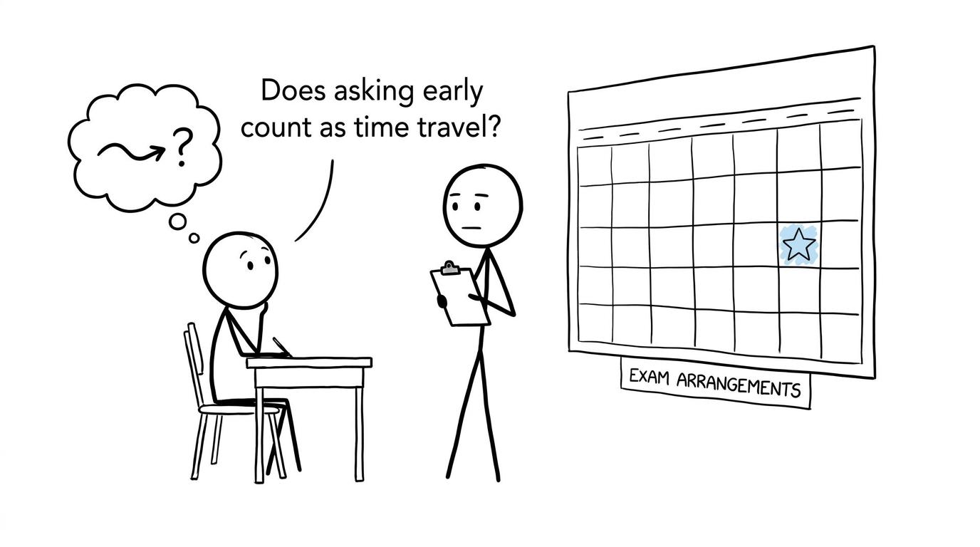 A student wondering whether requesting exam support early counts as time travel