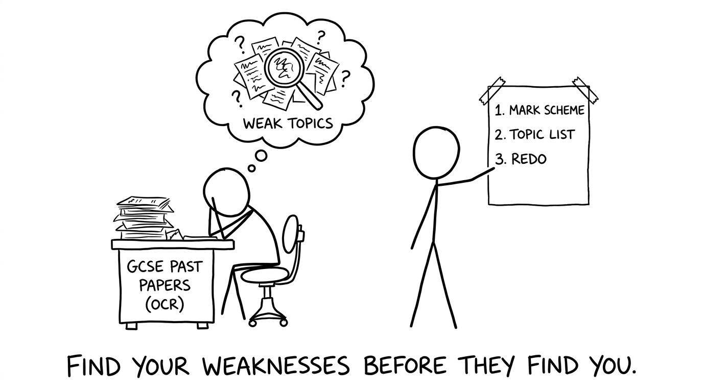 A stick-figure student hunting weak topics with a magnifying glass
