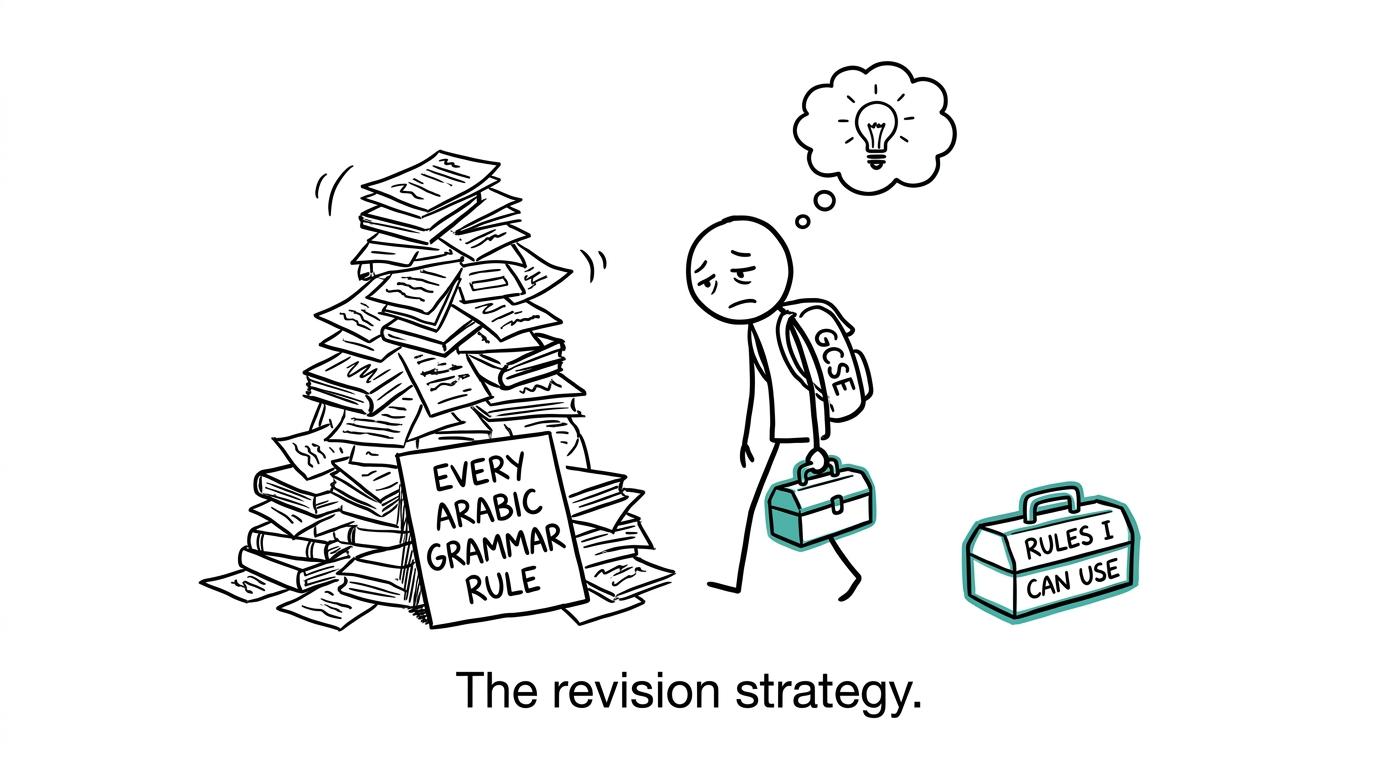 A student chooses a useful grammar toolbox instead of carrying every rule