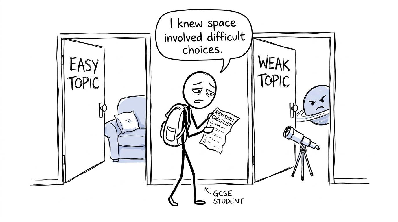 A student choosing between an easy topic and a weak astronomy topic