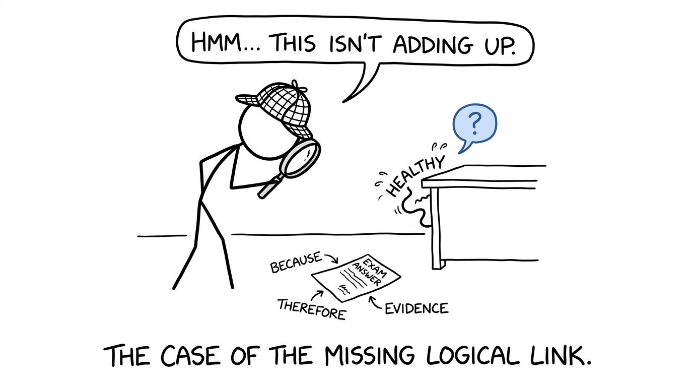 A student detective searches for evidence while the vague word healthy attempts to escape