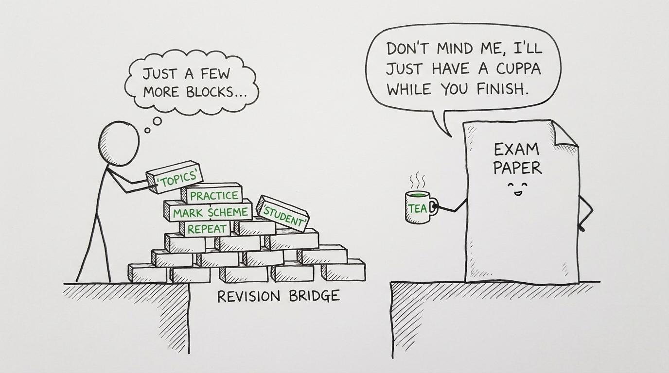 A student builds a revision bridge from topics, practice and mark schemes