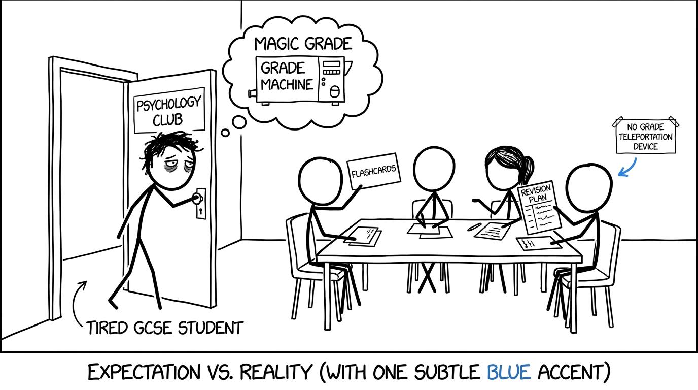 A student discovers that psychology club contains discussion and flashcards rather than a grade teleportation device