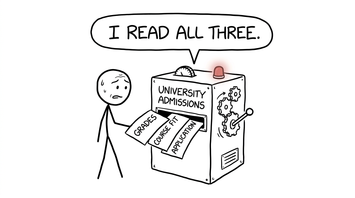A university admissions machine considers grades, course fit and the wider application