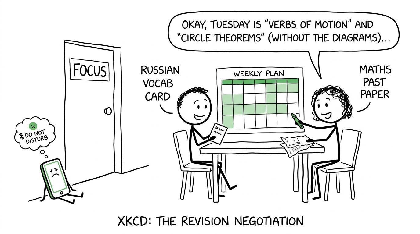 Russian vocabulary and a maths paper share a weekly calendar while a distracting phone waits outside