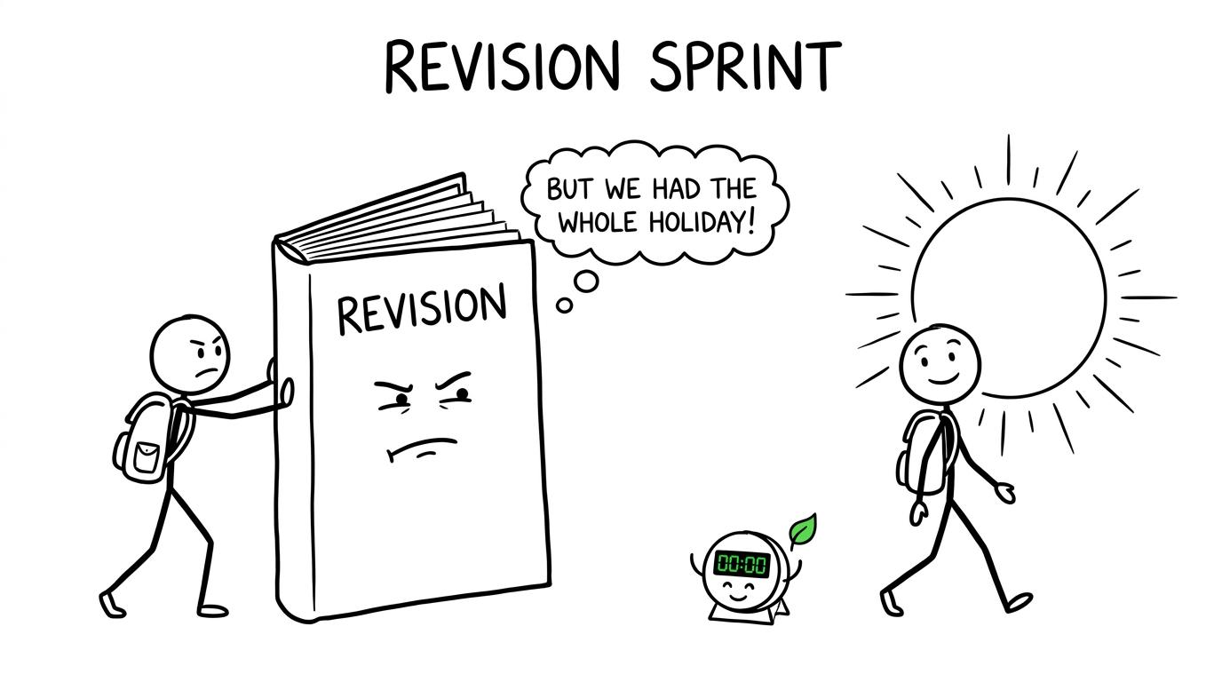 A giant revision book objects as a student stops on time and walks into the sunshine