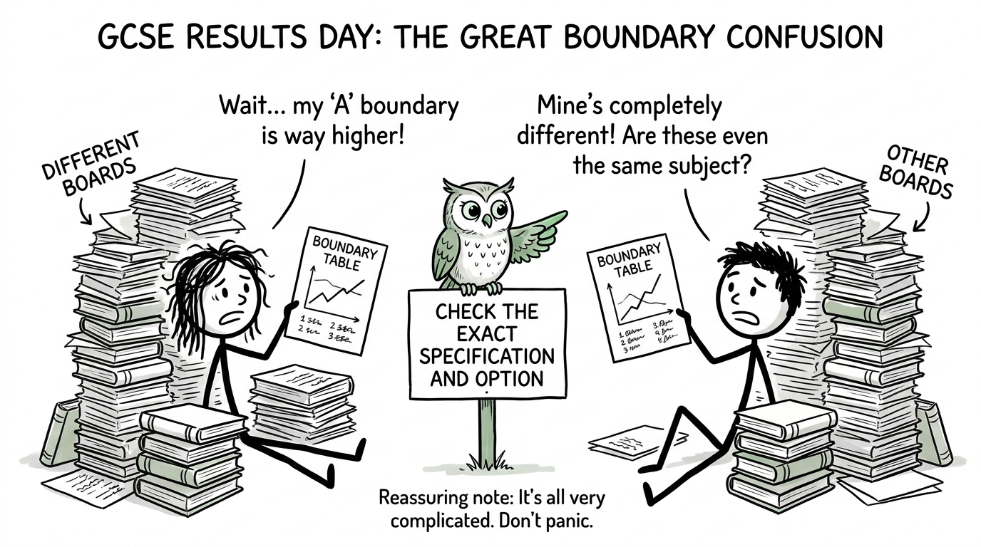 Students comparing different exam-board tables with a reminder to check the exact specification