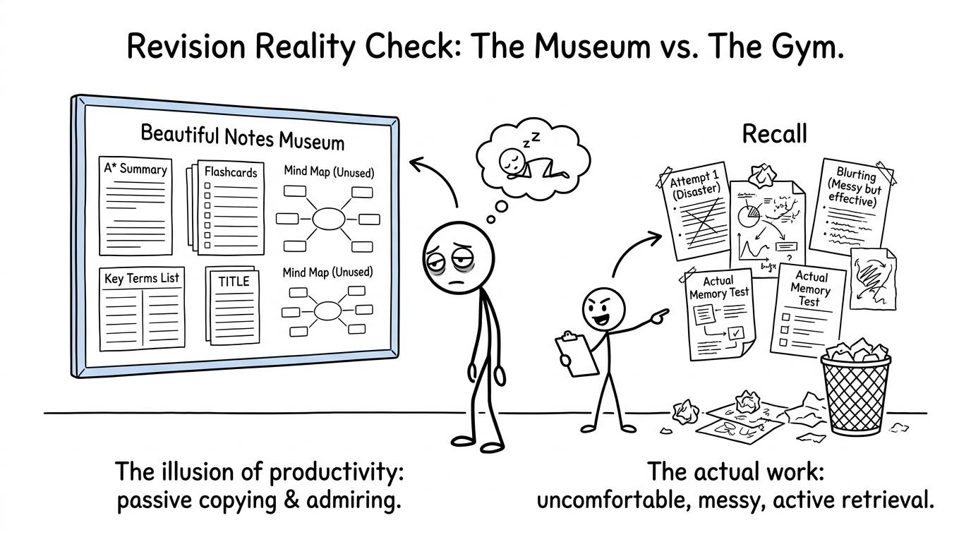 A student discovers that beautiful copied notes belong in a museum while recall does the real revision work