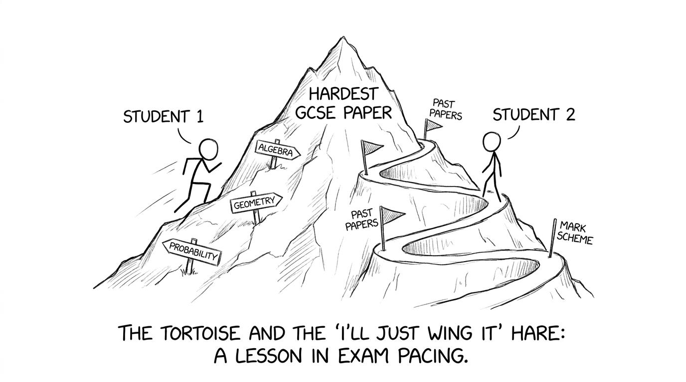 Mountain labelled Hardest GCSE Paper with zig-zag path