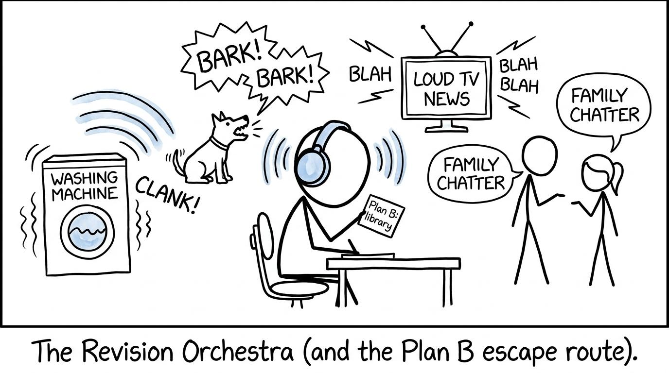 A student discovers that a busy household has formed a revision orchestra