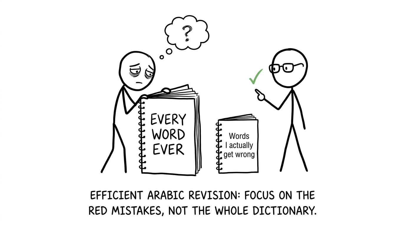 A student chooses a useful vocabulary error list over an enormous notebook