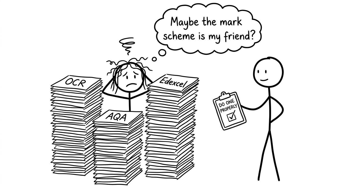 A stressed student with past paper stacks and a checklist