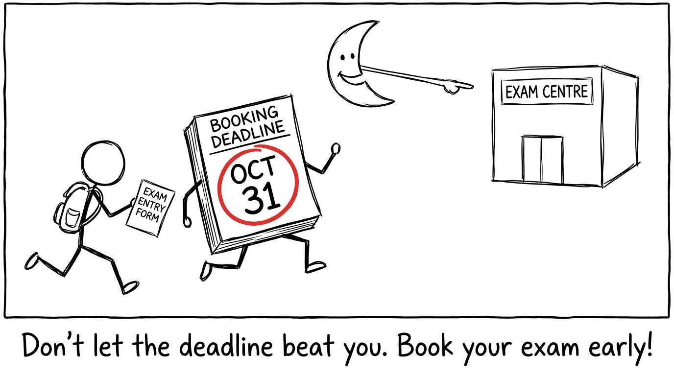 A student racing a booking deadline while the moon points towards the exam centre