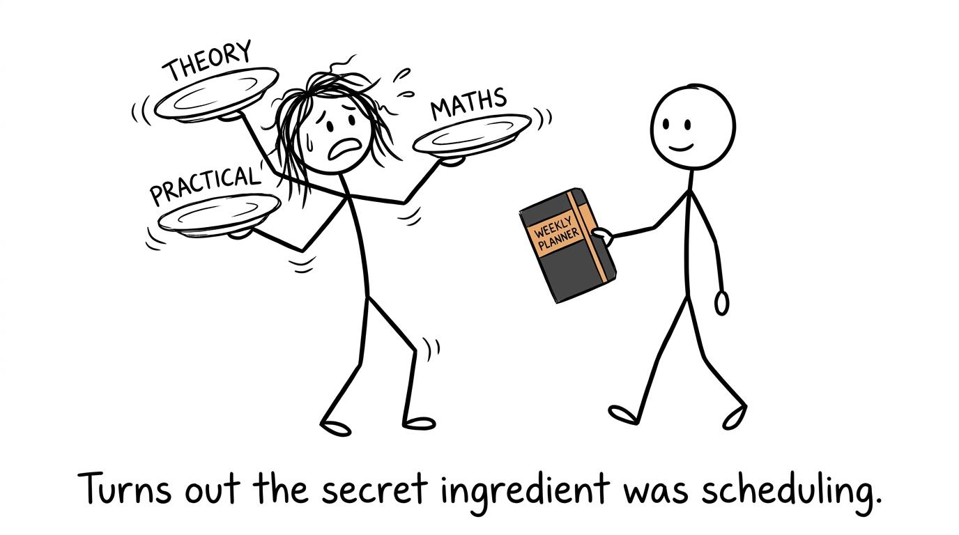 A student balances theory, practical work and maths until a planner arrives