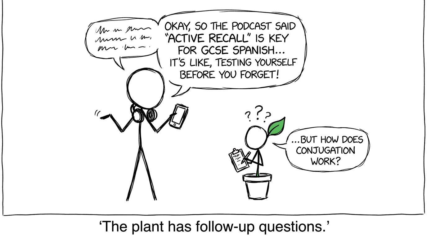 A student explains a paused podcast to a houseplant with an examiner clipboard