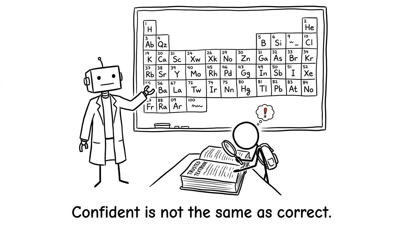 A student checks a confident robot's invented chemistry claim rather than trusting it
