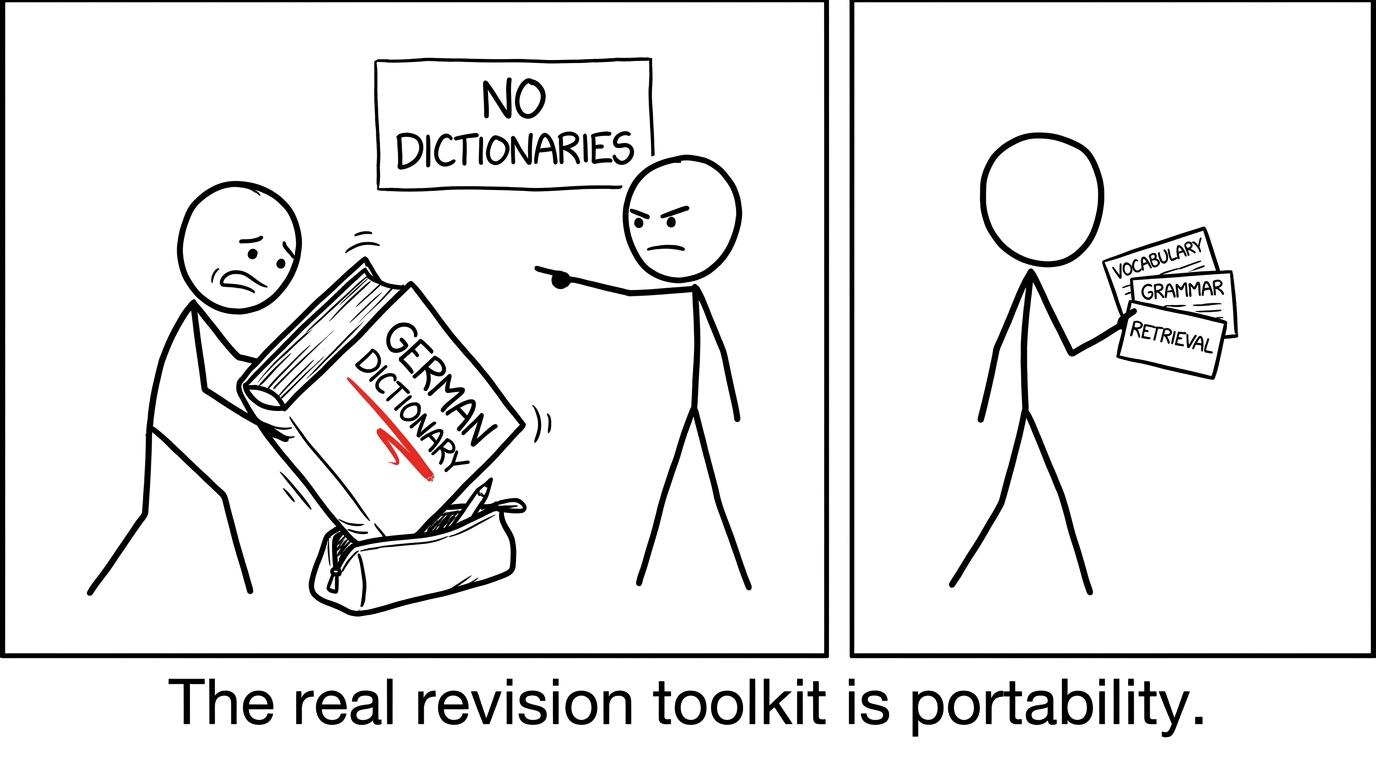 A student discovers that the enormous dictionary cannot enter the exam