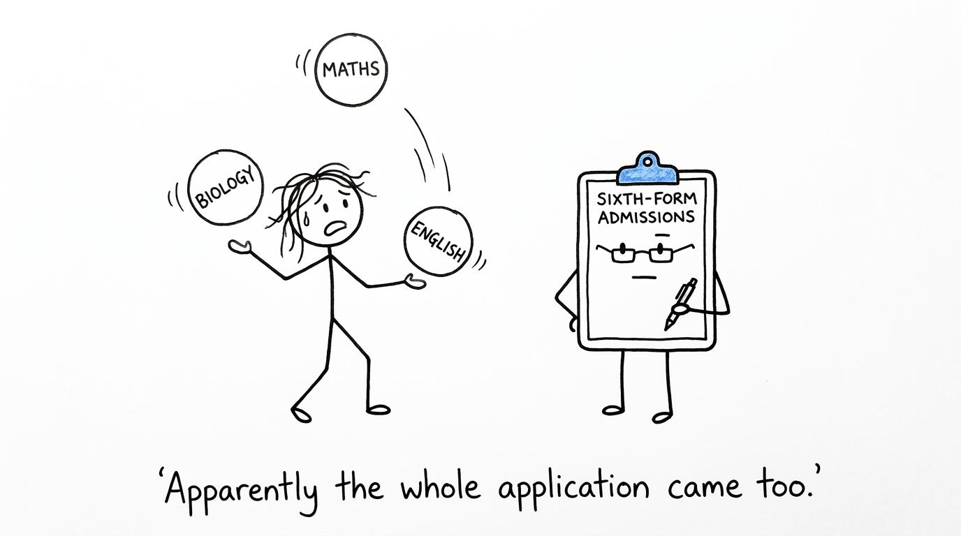 A student juggling Biology, Maths and English grades as an admissions clipboard considers the whole application